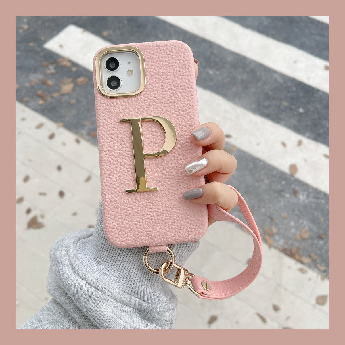 iPhone 14/13 PU Case with Metal Letter and Strap