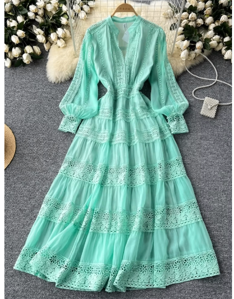 French Elegant Hollow Lace Embroidered Long Dress