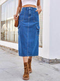 Slit Midi Denim Skirt with Pockets for Stylish Comfort