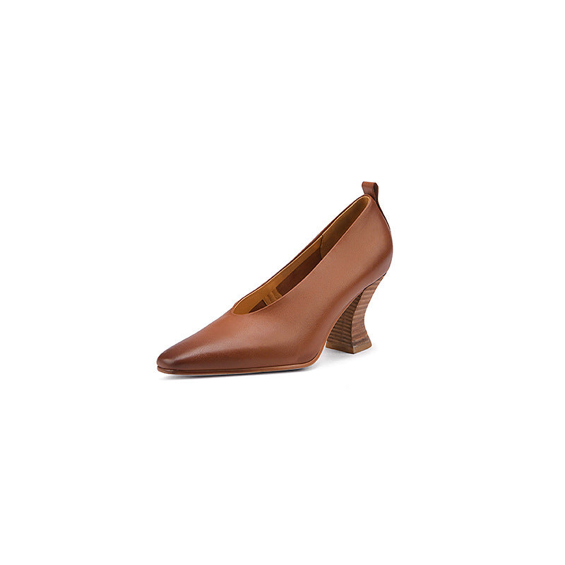 Leather Wood Grain Chunky Heel Retro Shoes for All Seasons