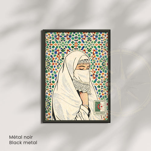 Affiche Femme Algérienne – Art Oriental & Zellige – Illustration Murale Algérie – Décoration Culturelle Maghreb – Poster Vintage